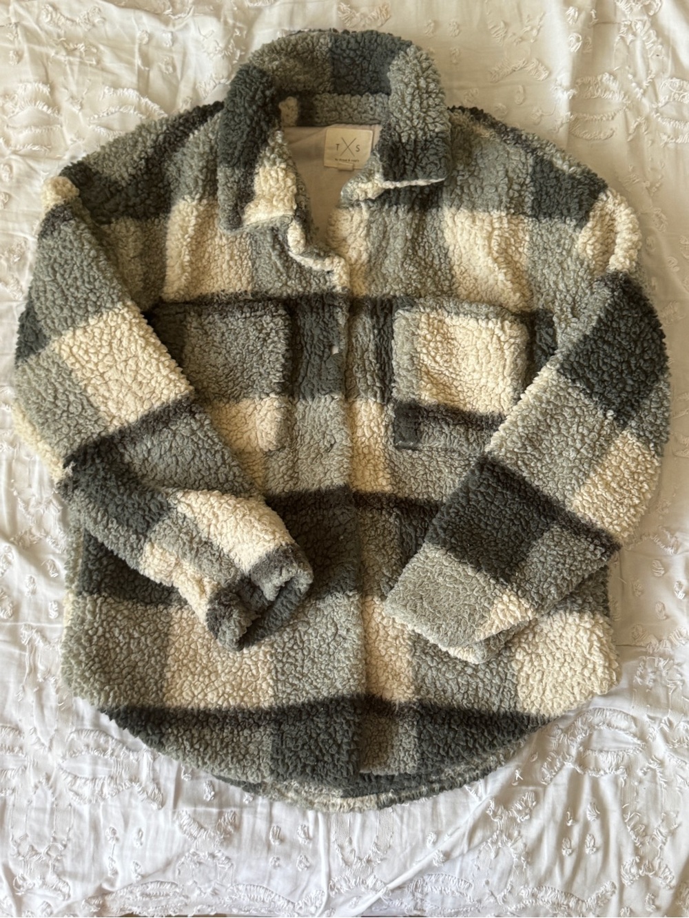 Thread & Supply Plaid Sherpa Jacket in Cream & Green XS